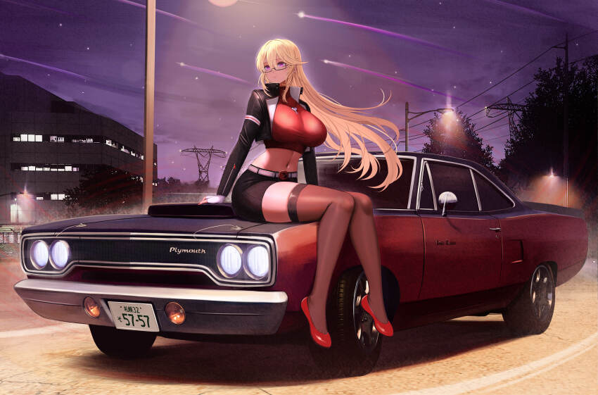 1girl absurdres aikawa_reina_(moparmudder) belt black-framed_eyewear black_jacket black_shorts blonde_hair breasts brown_thighhighs car character_request cleavage closed_mouth crop_top cropped_jacket flats floating_hair glasses highres jacket kcar66t large_breasts long_hair long_sleeves looking_to_the_side midriff motor_vehicle muscle_car navel night on_car open_clothes open_jacket original outdoors plymouth_(brand) plymouth_road_runner purple_eyes race_queen red_footwear red_shirt see-through_cleavage see-through_clothes semi-rimless_eyewear shirt short_shorts shorts sitting smile solo stomach thighhighs thighs under-rim_eyewear vehicle_request very_long_hair wide_shot