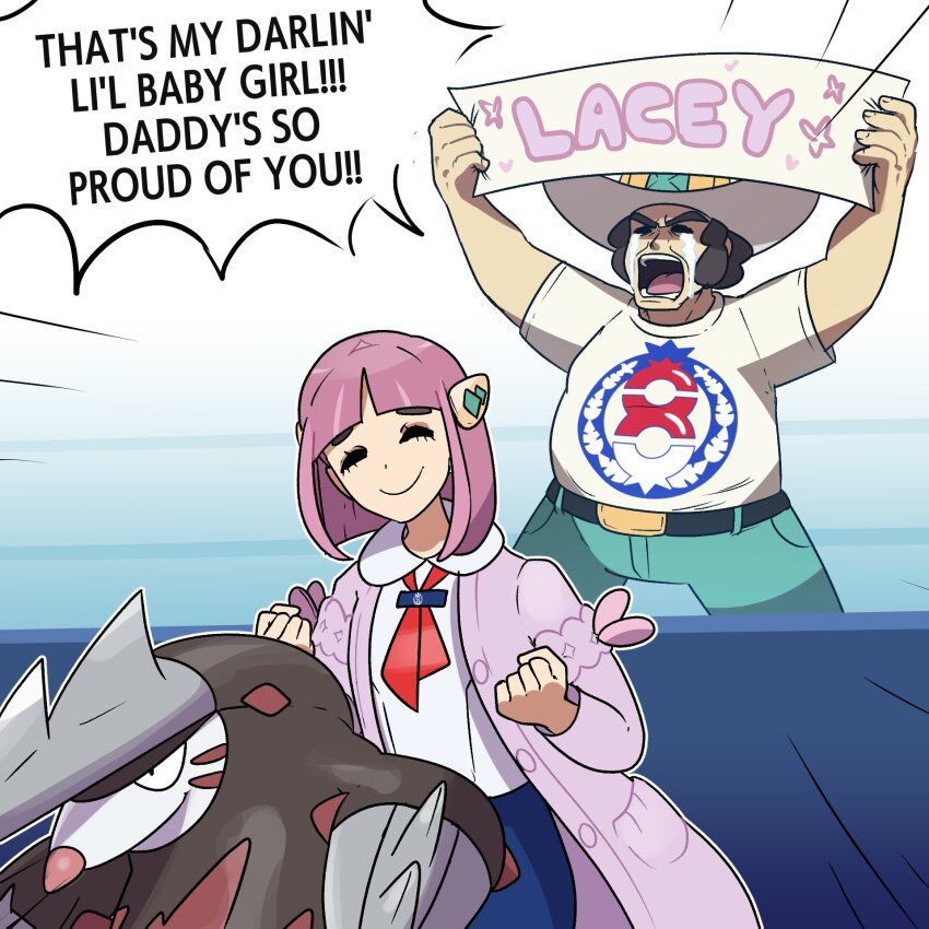 1boy 1girl alternate_costume arched_bangs blue_gakuran blue_pants brown_hair cardigan claws clay_(pokemon) closed_eyes coat cowboy_hat crossed_wrists crying denim english_text excadrill father_and_daughter gen_5_pokemon hat highres horns huge_claws jeans juno_son lacey_(pokemon) mature_male mole_(animal) neckerchief nintendo open_cardigan open_clothes open_coat pants pink_coat pokemon pokemon_(creature) pokemon_bw pokemon_sv purple_cardigan red_neckerchief shirt short_sleeves single_horn white_shirt