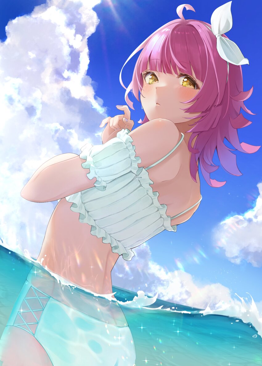 1girl absurdres ahoge ass bikini blue_sky blunt_bangs blunt_ends blush cloud commentary_request cross-laced_bikini cross-laced_clothes day eyelashes frilled_bikini frills from_behind hair_ribbon hand_on_own_chest hand_up highres looking_at_viewer love_live! love_live!_nijigasaki_high_school_idol_club nyako_(utaneko31) ocean parted_lips partially_submerged pink_hair ribbon scapular short_hair sidelocks sky solo sunlight swimsuit tennoji_rina water white_bikini yellow_eyes