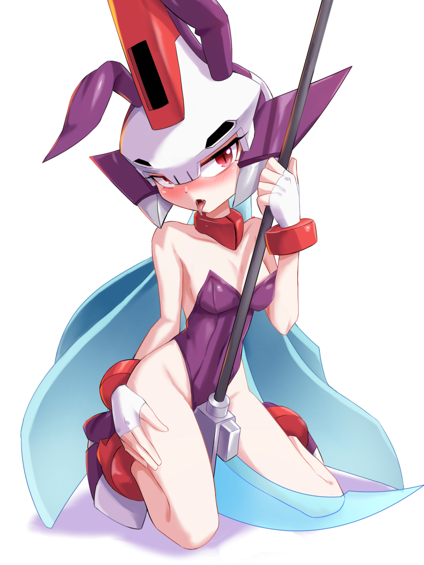 1girl absurdres animal_ears bare_shoulders blue_hair blush breasts energy_blade fake_animal_ears fake_bunny_ears female_focus genderswap genderswap_(mtf) helmet highres holding holding_weapon leotard mega_man_(series) mega_man_zx playboy_bunny prometheus_(mega_man) purple_leotard rabbit_ears red_eyes scythe small_breasts staff tongue tongue_out weapon zerokun135