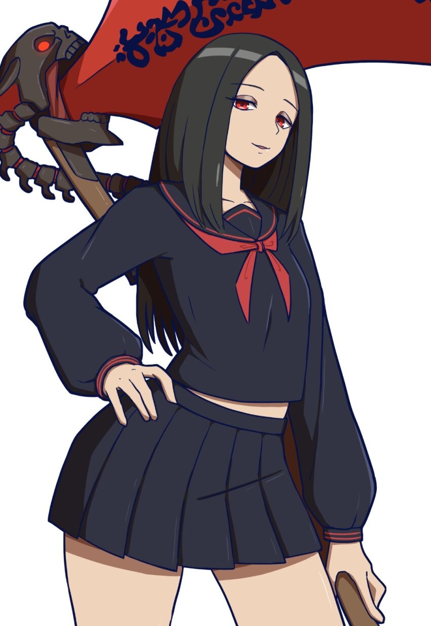 1other androgynous black_hair collarbone eyeshadow guilty_gear guilty_gear_strive hand_on_own_hip highres holding holding_scythe long_hair makeup middle_part nirade44 other_focus parted_lips red_eyes sailor school_uniform scythe straight_hair testament_(guilty_gear)