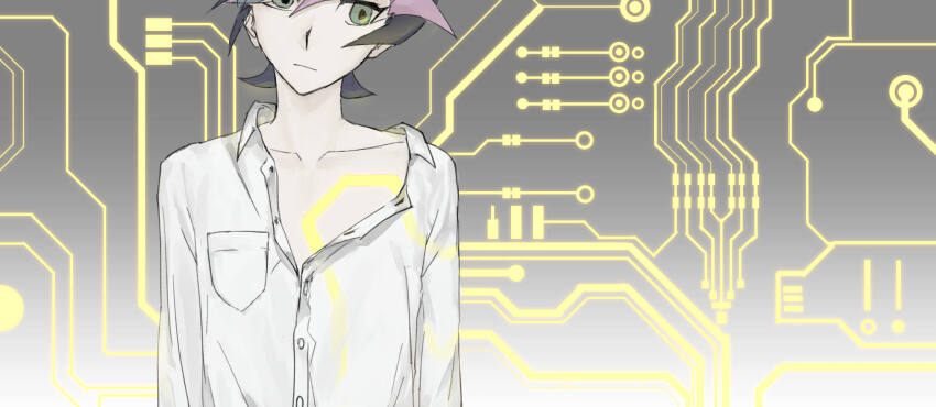 1boy arms_at_sides black_hair circuit_board circuit_board_print collarbone colored_bangs disheveled dress_shirt expressionless eyes_out_of_frame facing_viewer fujiki_yusaku gradient_background green_eyes grey_background hair_over_one_eye head_out_of_frame head_tilt highres looking_to_the_side male_focus novale110 open_clothes open_shirt partially_unbuttoned shirt single_bare_shoulder spiked_hair unbuttoned unbuttoned_shirt upper_body white_shirt yu-gi-oh! yu-gi-oh!_vrains