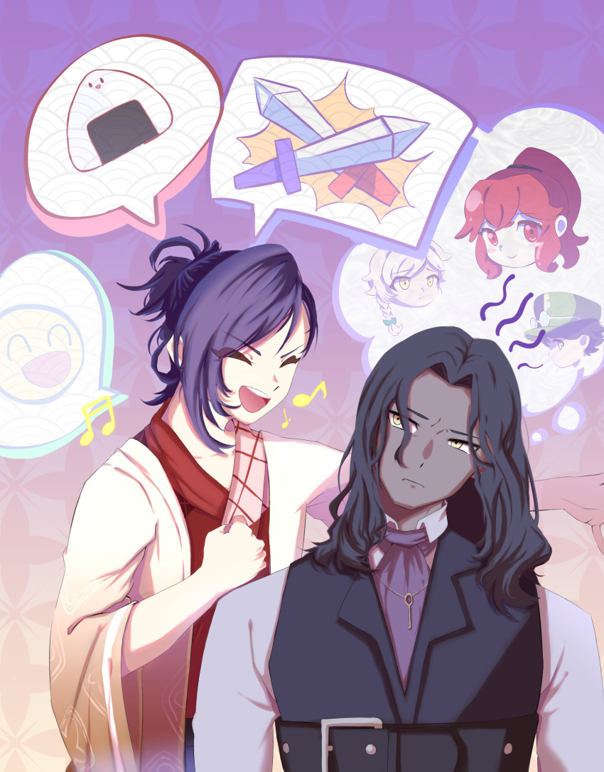 2boys anna_(fire_emblem) black_cloak black_hair blonde_hair blue_hair clanne_(fire_emblem) cloak closed_eyes dark-skinned_male dark_skin fire_emblem fire_emblem_engage folded_ponytail food highres japanese_clothes jean_(fire_emblem) kagetsu_(fire_emblem) long_hair multiple_boys nintendo onigiri red_eyes red_hair soypearl982 speech_bubble sword weapon yellow_eyes zelkov_(fire_emblem)