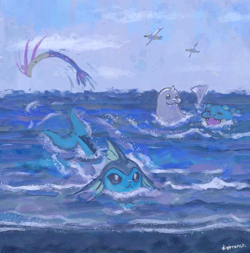 bird closed_mouth dewgong dietranch fangs fins flying gen_1_pokemon gen_3_pokemon grey_eyes head_fins highres looking_up milotic nintendo no_humans open_mouth pokemon pokemon_(creature) spheal swimming vaporeon water wingull