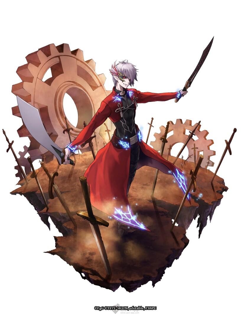 1boy absurdres archer_(fate) archer_(fate)_(cosplay) colored_skin cosplay from_above full_body gears grey_hair highres holding holding_sword holding_weapon official_alternate_costume official_art on_ground pointy_ears red_eyes rinzo short_sword solo standing sword ta_ga_tame_no_alchemist unlimited_blade_works_(reality_marble) weapon white_skin zahar_(ta_ga_tame_no_alchemist)
