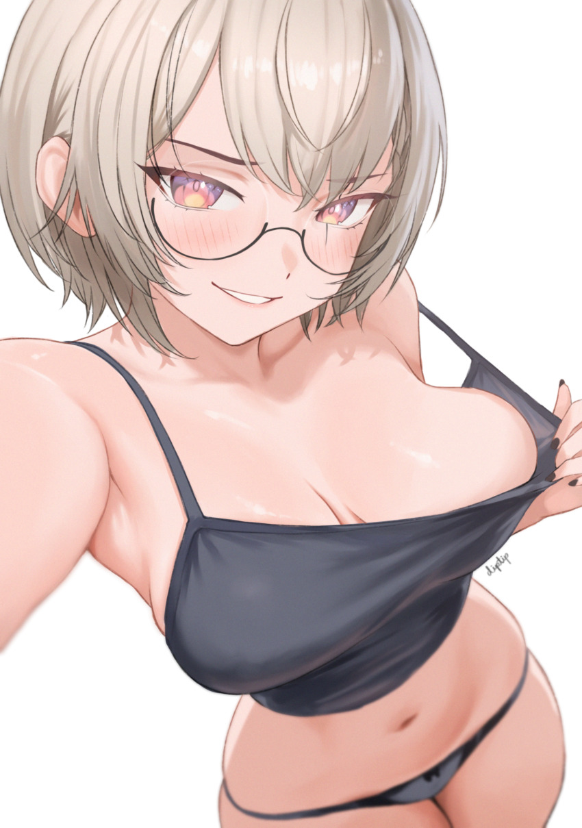 1girl absurdres black-framed_eyewear black_camisole black_panties breasts brown_hair camisole cleavage commentary diptip english_commentary glasses grin hair_between_eyes highres indie_virtual_youtuber large_breasts looking_at_viewer navel no_pants panties reaching reaching_towards_viewer round_eyewear saruei_(vtuber) semi-rimless_eyewear short_hair simple_background smile solo underwear underwear_only white_background