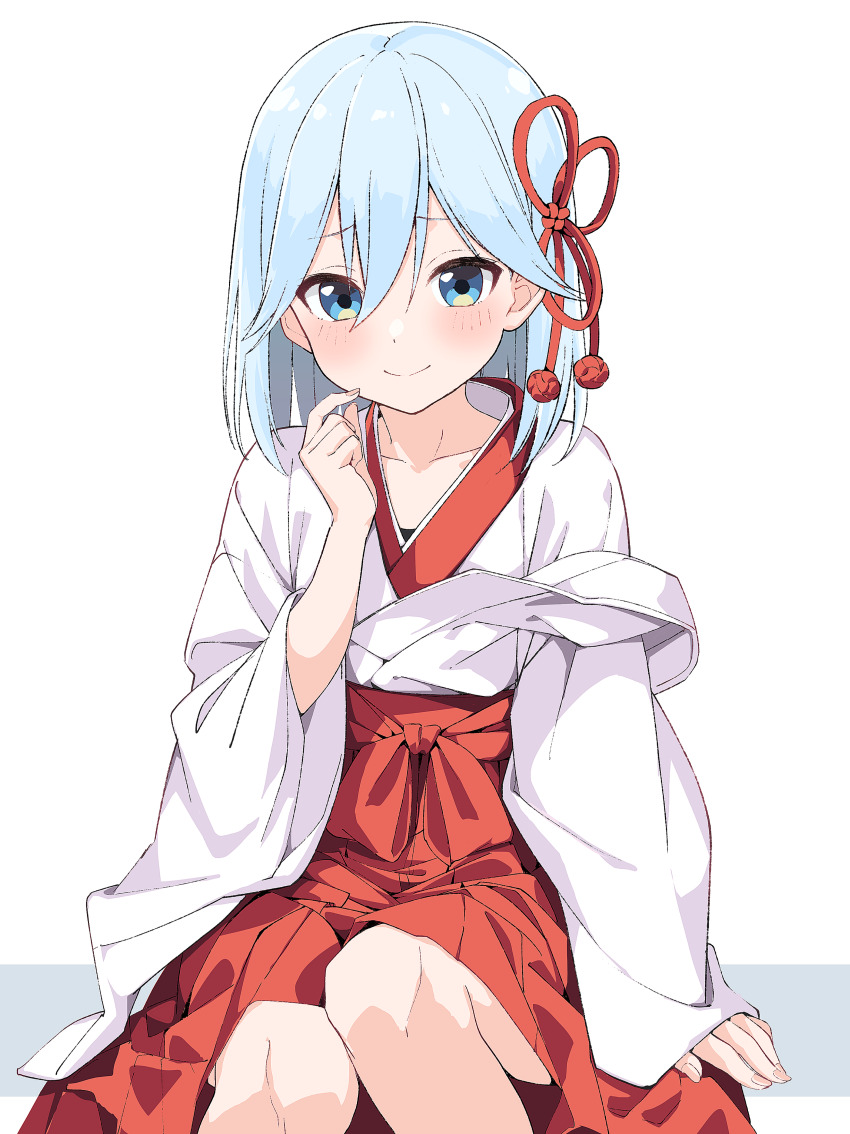 1girl absurdres amagami-san_chi_no_enmusubi amagami_asahi arm_at_side blue_eyes blue_hair blush closed_mouth collarbone commentary english_commentary feet_out_of_frame hair_between_eyes hair_ribbon hakama hakama_skirt hand_up highres japanese_clothes kimono long_sleeves looking_at_viewer medium_hair miko mixed-language_commentary rauto red_hakama red_ribbon ribbon shy simple_background sitting skirt smile solo split_mouth white_background white_kimono wide_sleeves