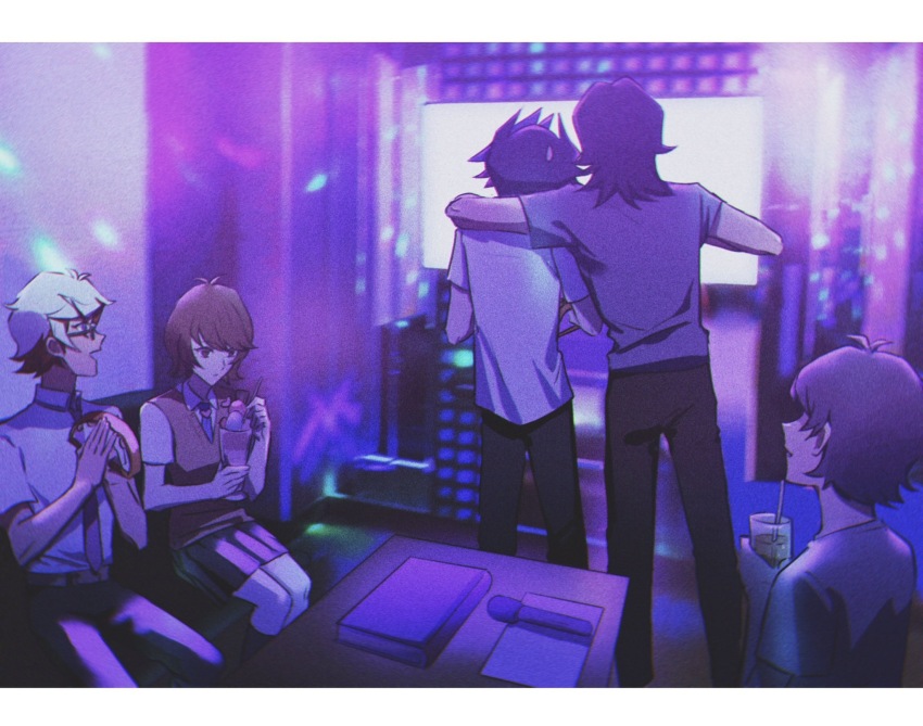 1girl 4boys ai_(yu-gi-oh!) alternate_costume androgynous arm_around_shoulder bad_id bad_lofter_id belt black_hair black_pants blurry blurry_background book brown_eyes brown_hair brown_vest collared_shirt couch cup drink drinking_straw expressionless facing_away food fujiki_yusaku glass glasses grey_hair hands_up happy highres holding holding_cup holding_drink holding_food holding_ice_cream holding_instrument holding_spoon homura_takeru ice_cream indoors instrument karaoke kneehighs looking_at_another looking_down microphone multicolored_hair multiple_boys naoki_(2rzmcaizerails6) necktie neon_lights night no_eyes on_couch open_mouth pants paper party photo_background red_hair shirt short_hair short_sleeves sitting skirt smile socks spiked_hair spoon standing table tambourine vest white_shirt yu-gi-oh! yu-gi-oh!_vrains zaizen_aoi