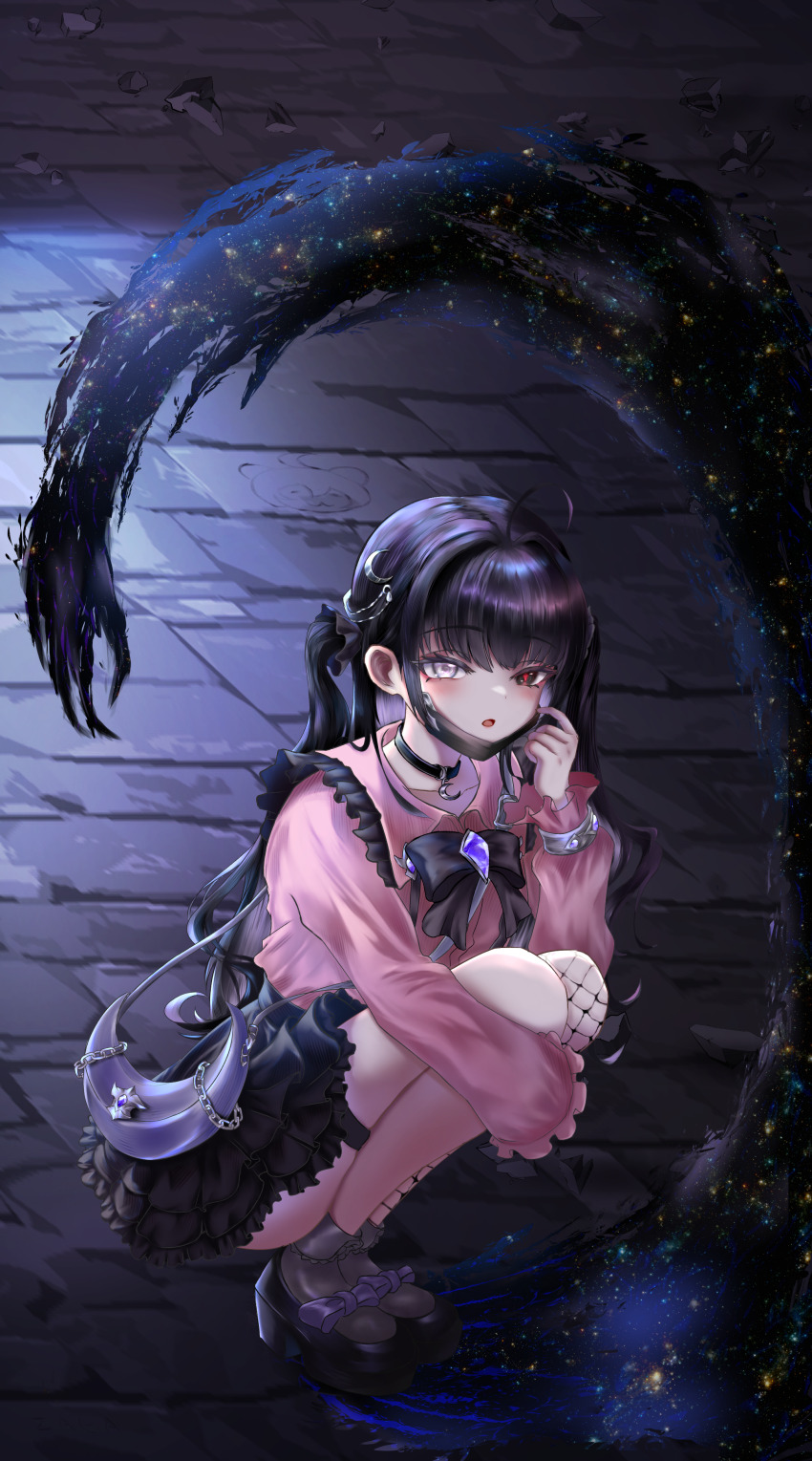 1girl absurdres asymmetrical_legwear bag black_choker black_eyes black_mask black_shoes black_skirt black_socks blush brown_dust_(series) brown_dust_2 capelet choker cobblestone fishnet_thighhighs fishnets flat_chest footwear_ribbon frilled_skirt frills full_body handbag heterochromia highres hugging_own_legs jirai_kei long_hair looking_at_viewer mask mask_pull moonlight mouth_mask open_mouth pink_capelet pink_shirt purple_bag shirt shoes shoulder_bag skirt socks solo sonya_(brown_dust_2) squatting thighhighs twintails very_long_hair white_eyes zaga