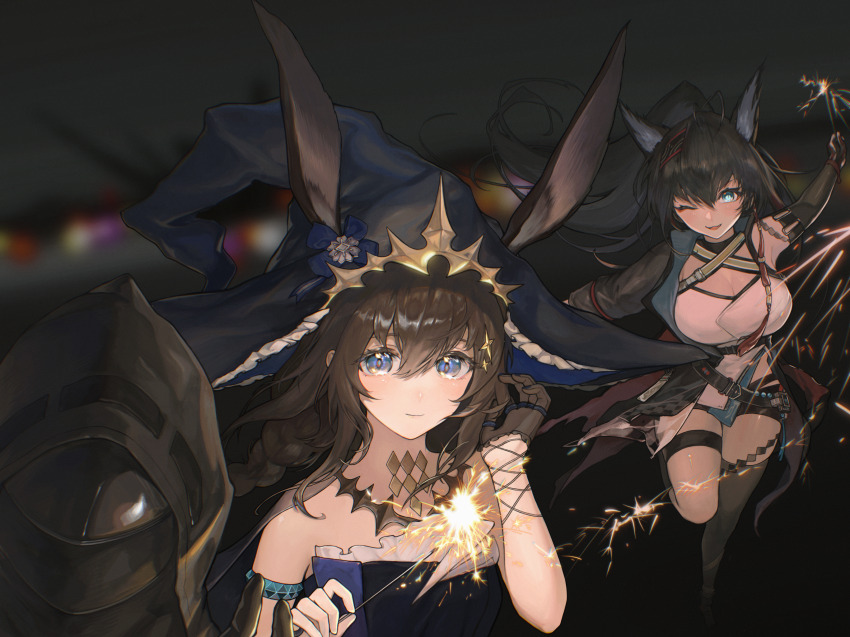 1other 2girls ;d ambience_synesthesia amiya_(arknights) amiya_(medic)_(arknights) amiya_(medic)_(solo_around_the_world)_(arknights) animal_ears arknights arm_up armlet black_hair black_hat blaze_(arknights) blue_eyes blurry blurry_background breasts brown_hair chinese_commentary cleavage commentary_request doctor_(arknights) ears_through_headwear fireworks frilled_hat frills hair_between_eyes hat highres holding holding_fireworks hood hood_up jewelry large_breasts long_hair multiple_girls official_alternate_costume one_eye_closed open_mouth outstretched_arm smile sparkler yanlianp