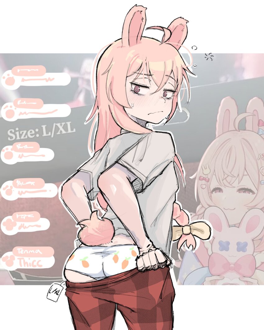 1girl absurdres adjusting_clothes ahoge animal_ears annoyed ass ass_focus bow braid braided_ponytail carrot_panties carrot_print food_print hair_bow highres inconvenient_ass livestream long_hair looking_at_viewer looking_back panties pants phase_connect pink_bow pink_eyes pipkin_pippa print_panties rabbit_ears rabbit_girl rabbit_tail red_pants shirt tail underwear virtual_youtuber white_panties white_shirt zlix0n