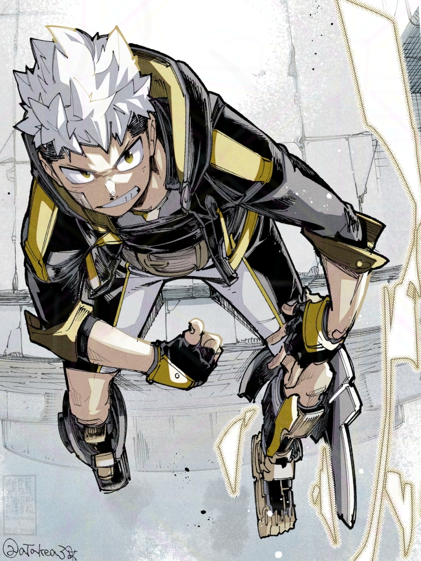 1boy black_jacket black_pants boku_no_hero_academia brown_eyes character_request from_above highres hood hooded_jacket jacket looking_at_viewer looking_up pants short_hair sitting smirk solo takeuchi_(a3) white_hair white_pants