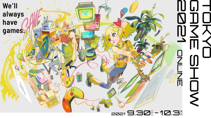 1boy 1girl 2021 :o artist_request blonde_hair blue_eyes box chair clothes_hanger collared_shirt computer controller dated desk dragon figure fingerless_gloves food fruit game_controller garter_straps gloves handheld_game_console head-mounted_display headphones headset ice_cream_cone computer_keyboard lava_lamp lemon lemon_slice loose_socks midriff monitor computer_mouse nail_polish neon_lights office_chair open_mouth plant potted_plant promotional_art red_hair red_nails see-through_clothes shirt shoes short_twintails skirt slippers socks steam_(platform) swivel_chair television thighhighs tokyo_game_show twintails video_game yellow_nails