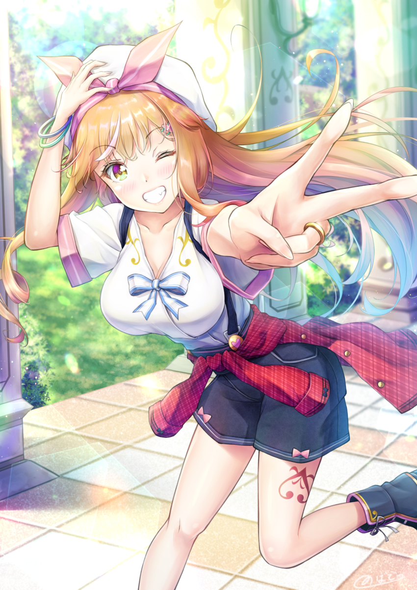 1girl blonde_hair blush boots breasts fingernails grin hair_ribbon hat heart heart_tattoo highres jewelry large_breasts long_fingernails long_hair looking_at_viewer natsusora_aona novady original ribbon ring sharp_fingernails shiny_skin shorts smile solo tattoo v very_long_hair waist_cape yellow_eyes