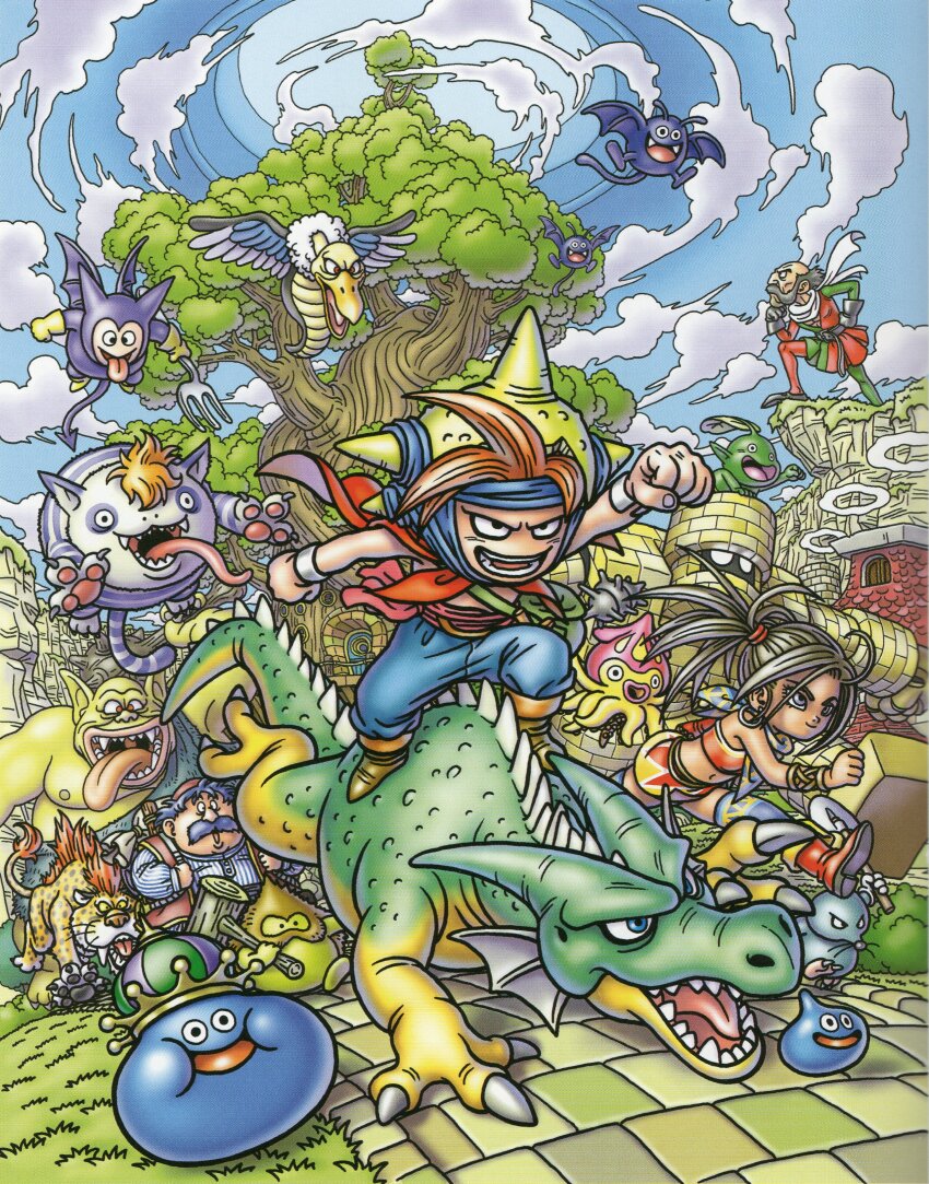 1girl 3boys 6+others absurdres aged_down balding black_eyes black_hair blue_hair blue_neckerchief blue_pants blue_sky blue_thighhighs boots bracelet brown_boots brown_hair brownie_(dragon_quest) cape child chimaera_(dragon_quest) clenched_hand cloud commentary creature creature_request day dracky dragon dragon_quest dragon_quest:_shounen_yangus_to_fushigi_no_dungeon dragon_quest_iv dragon_quest_viii earrings facial_hair fangs fork golem_(dragon_quest) great_sabrecat green_dragon_(dragon_quest) high_side_ponytail highres holding holding_fork hoop_earrings imp_(dragon_quest) jailcat jewelry khalamari_kid king_slime_(dragon_quest) monster morrie_mozzarella multiple_boys multiple_others mustache navel neckerchief official_art open_mouth orange_hair outdoors pants pointy_ears purple_eyes red_(dq8) red_boots red_cape red_sash red_skirt red_tube_top sash scan scarf sharp_teeth silver_earrings skirt sky slime_(dragon_quest) spiked_hair spiked_helmet strapless teeth thighhighs third-party_source tongue tongue_out topless_male toriyama_akira torneko tree tube_top white_scarf yangus yellow_trim
