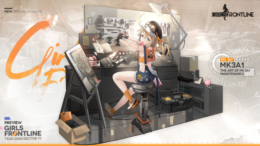 1girl artist_request automatic_shotgun black_gloves black_hat blonde_hair blow-forward_firearm blue_overalls book bullpup cabbie_hat camisole character_name commentary copyright_name donut english_commentary fingerless_gloves food gas-seal_revolver girls&#039;_frontline gloves goggles goggles_on_head gun hat highres long_hair looking_at_viewer mk3a1_(girls&#039;_frontline) mk3a1_(the_art_of_mk3a1_maintenance)_(girls&#039;_frontline) official_alternate_costume official_art open_book orange_socks overalls pancor_jackhammer_mk3a1 promotional_art prototype_design purple_eyes revolver_shotgun shoes shotgun sitting sneakers socks solo toolbox weapon white_camisole white_shoes