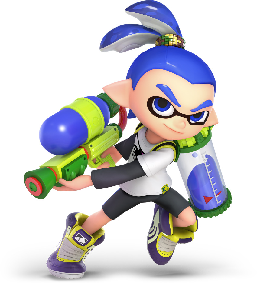 1boy 3d bike_shorts black_undershirt blue_eyes blue_hair closed_mouth dynamic_pose eye_mask full_body gradient_hair highres holding holding_weapon ink_tank_(splatoon) inkling inkling_boy inkling_player_character john_(splatoon) long_sleeves looking_at_viewer multicolored_hair nintendo official_art purple_shoes shirt shoelaces shoes short_sleeves smile sneakers solo splatoon_(series) splatoon_1 splattershot_(splatoon) spotted_hair suction_cups super_smash_bros. t-shirt tentacle_hair thick_eyebrows transparent_background two-tone_hair v-shaped_eyebrows weapon white_shirt