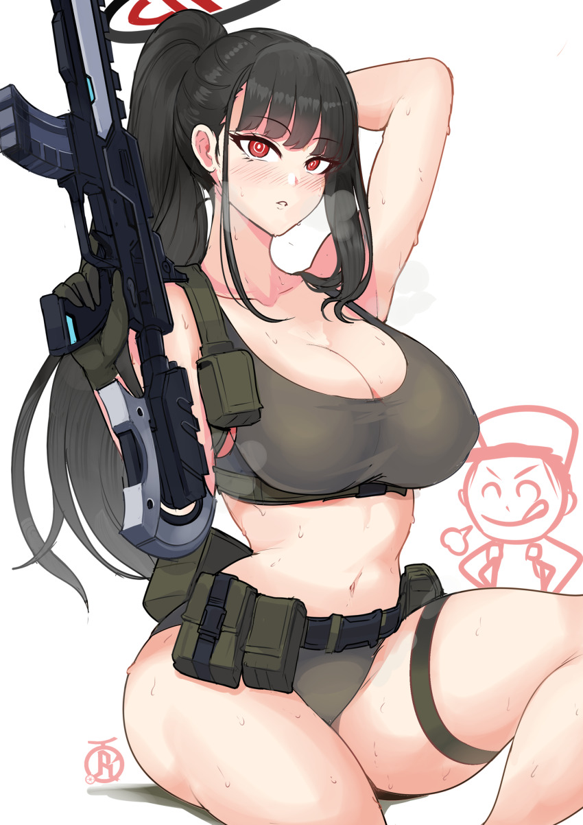 1boy 1girl alternate_costume arm_up assault_rifle belt black_hair blue_archive breasts cleavage commentary doodle_sensei_(blue_archive) english_commentary gloves green_gloves green_panties green_sports_bra gun halo high_ponytail highres holding holding_gun holding_weapon holster large_breasts long_hair looking_at_viewer panties parted_lips ponytail red_eyes revolverwing rifle rio_(blue_archive) sensei_(blue_archive) simple_background sitting solo_focus sports_bra sweat tactical_clothes thigh_strap thighs underwear very_long_hair weapon white_background
