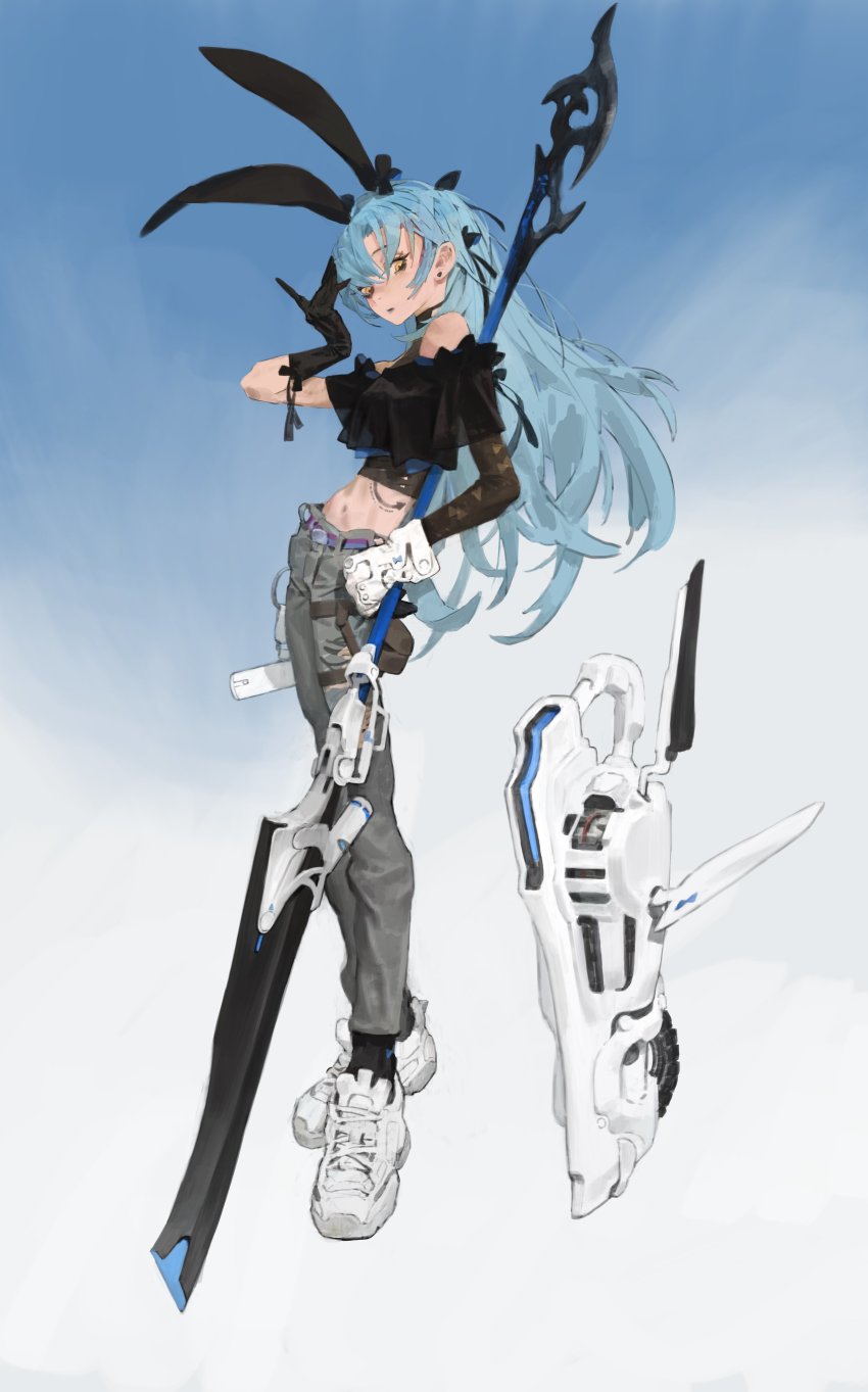 1girl absurdres black_shirt blue_hair clothing_cutout cropped_shirt gloves grey_pants hair_behind_ear head_tilt highres holding holding_polearm holding_weapon lance leaning_back long_hair looking_down navel off-shoulder_shirt off_shoulder original pants polearm science_fiction shirt shoes shoulder_cutout sketch sneakers solo wan_young_yun weapon white_gloves white_shoes yellow_eyes