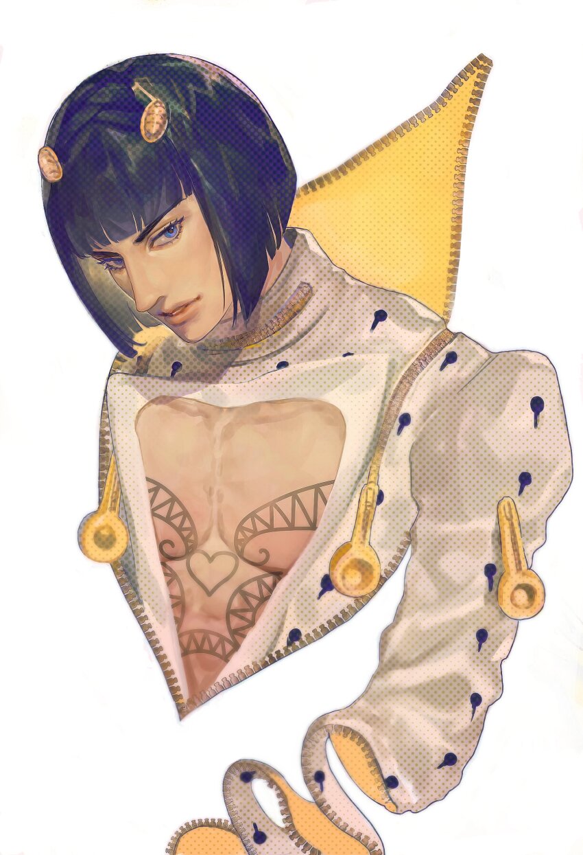 1boy absurdres bare_pectorals black_hair blue_eyes bob_cut bruno_bucciarati chest_tattoo formal_clothes highres jojo_no_kimyou_na_bouken long_sleeves morio_oku pectorals short_hair solo suit tattoo white_suit zipper zipper_pull_tab