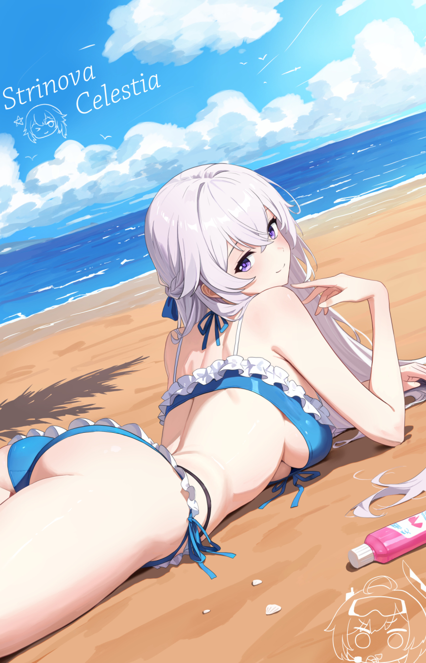 1girl arm_rest armpit_crease ass back bare_shoulders beach bikini blue_bikini blue_sky blush bottle braid breasts celestia_(strinova) character_name cleavage commentary_request copyright_name crossed_bangs day dutch_angle elbow_rest frilled_bikini frills front-tie_bikini_top front-tie_top highres long_hair looking_at_viewer looking_back lotion_bottle lying medium_breasts ocean on_ground on_stomach outdoors purple_eyes shell side-tie_bikini_bottom side_braid sidelocks sky smile solo strinova sunlight swimsuit thighs turning_head underboob user_nspd2342 very_long_hair white_hair