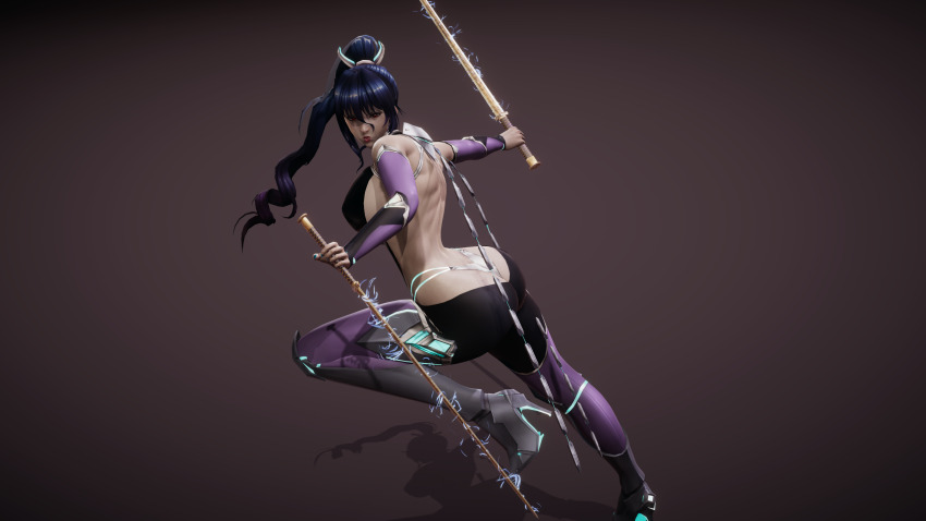 1girl 3d aka_jin ass bare_back blue_hair blue_nail_polish blue_nails bodysuit butt_crack chain_whip covered_erect_nipples dual_wielding electricity eyeshadow fighting_stance from_side high_heels highres holding holding_sword holding_weapon huge_ass impossible_clothes knee_pads lightning lipstick long_hair looking_at_viewer makeup mascara nipples non-web_source pale_skin pixiv ponytail puckered_lips red_eyes red_lips serious simple_background skin_tight solo standing sword taimanin_(series) tight_clothes uehara_rin weapon whip