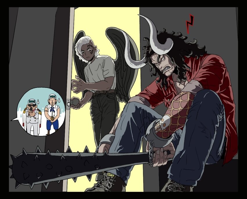4boys aged_down angry arm_tattoo asymmetrical_hair black_hair black_wings broken_handcuffs club club_(weapon) coat coat_on_shoulders curled_horns epaulettes facial_hair facial_tattoo goatee gun holding holding_gun holding_sword holding_weapon horns kaidou_(one_piece) kanabou king_(one_piece) long_hair male_focus marine_(one_piece) medium_hair multiple_boys mustache one_piece opening_door red_shirt shirt short_sleeves sitting skull_tattoo solbangul00 sweatdrop sword tattoo weapon white_coat white_hair white_shirt wings