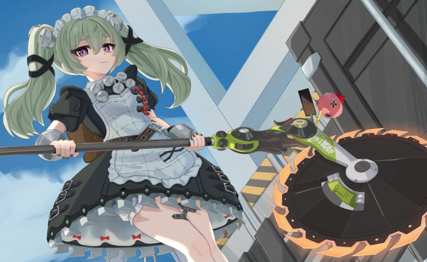 1girl animal_bag apron bandaid bandaid_on_leg bear_bag black_dress black_nails blue_sky breasts charm_(object) circular_saw commentary_request corin_wickes cowboy_shot cuffs dress dutch_angle green_hair hair_between_eyes highres holding holding_weapon long_hair looking_at_viewer maid maid_apron maid_headdress puffy_short_sleeves puffy_sleeves purple_eyes saw screw_hair_ornament short_sleeves sidelocks sky solo sugunejineji twintails weapon weapon_charm white_apron zenless_zone_zero