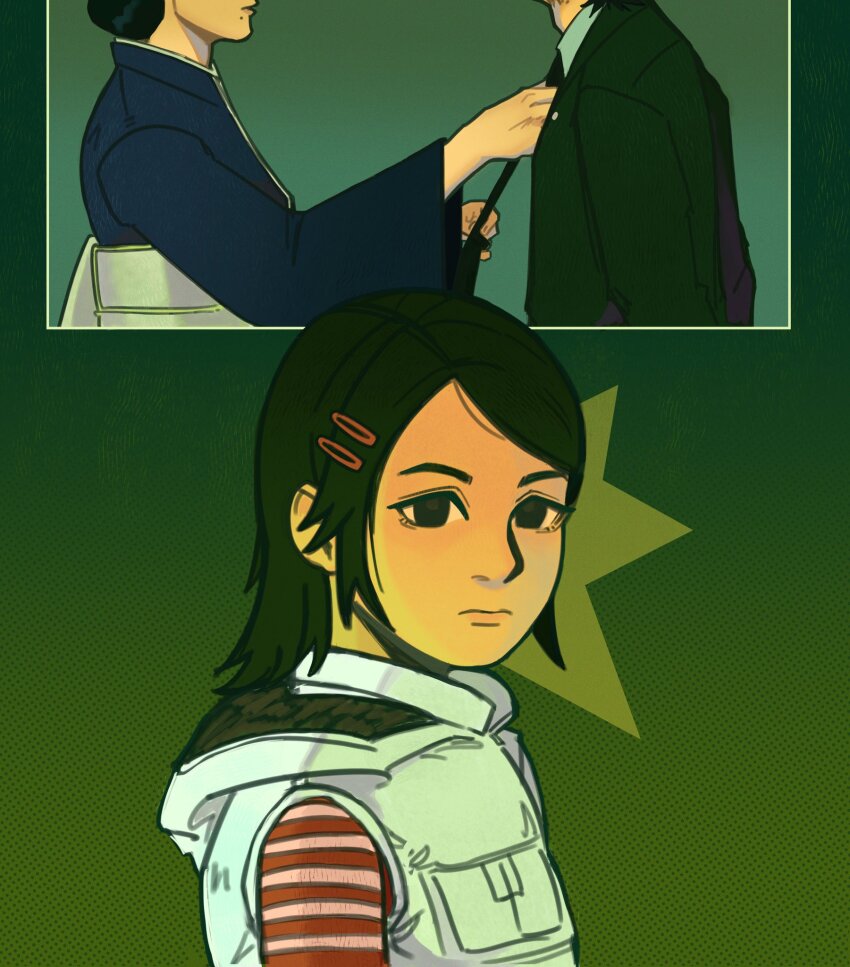 1boy 2girls adjusting_clothes adjusting_necktie black_eyes black_hair black_suit blue_kimono commentary dojima_daigo dojima_yayoi empty_eyes english_commentary envy formal_clothes gradient_background green_background hair_bun hair_ornament hairclip head_out_of_frame highres japanese_clothes kimono looking_at_viewer mole mole_under_mouth mother_and_son multiple_girls necktie p13sghost parted_lips red_shirt ryuu_ga_gotoku_(series) ryuu_ga_gotoku_2 sash sawamura_haruka shirt short_hair single_hair_bun striped_clothes striped_shirt suit vest white_sash white_shirt white_vest