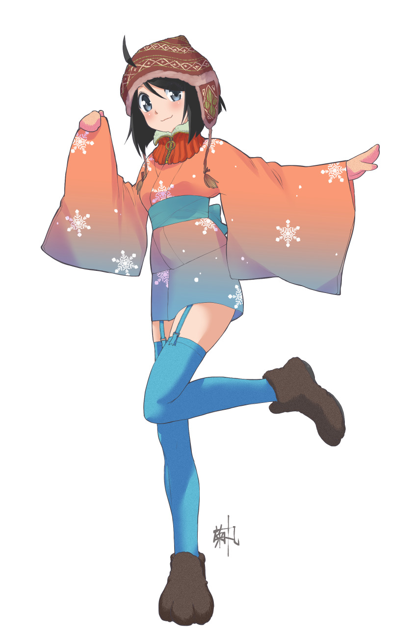 1girl :3 absurdres ahoge araragi_tsukihi artist_name belt black_hair blue_belt blue_kimono blue_sash blue_thighhighs blunt_ends blush bob_cut boots breasts brown_boots closed_mouth commentary film_grain full_body fur-trimmed_headwear fur_boots fur_trim furisode furisode_sleeves garter_straps gradient_clothes gradient_kimono grey_eyes hat highres inverted_bob japanese_clothes kikumaru_bunta kimono knit_hat light_smile long_sleeves looking_up medium_breasts mittens monogatari_(series) neck_warmer obi paw_shoes pink_kimono pink_mittens red_hat sash short_kimono signature simple_background smile solo swept_bangs thighhighs translated ushanka white_background wide_sleeves winter_clothes zettai_ryouiki zipper zipper_pull_tab