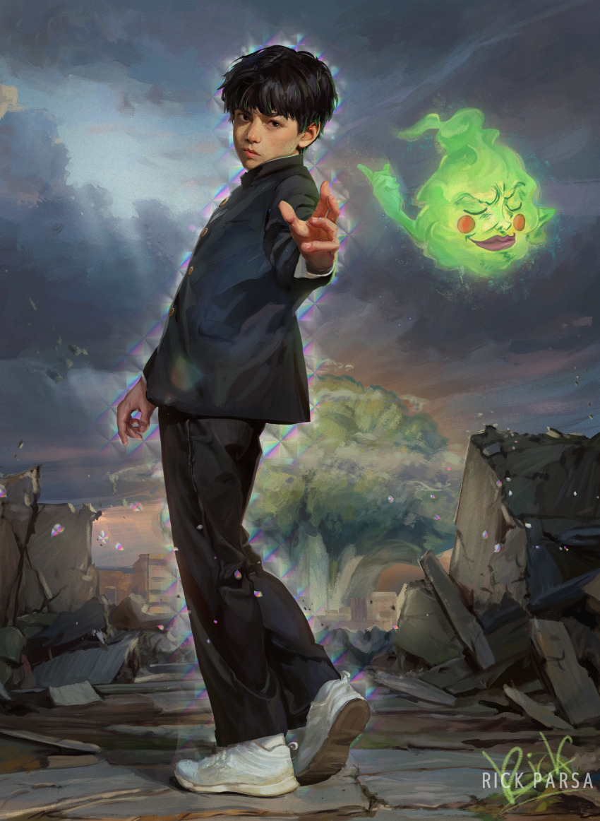 absurdres artist_name black_eyes black_hair broccoli clip_studio_paint_(medium) ekubo_(mob_psycho_100) gakuran highres kageyama_shigeo male_focus mob_psycho_100 outdoors rick_parsa salt_middle_school_uniform school_uniform shoes short_hair spirit standing white_shoes