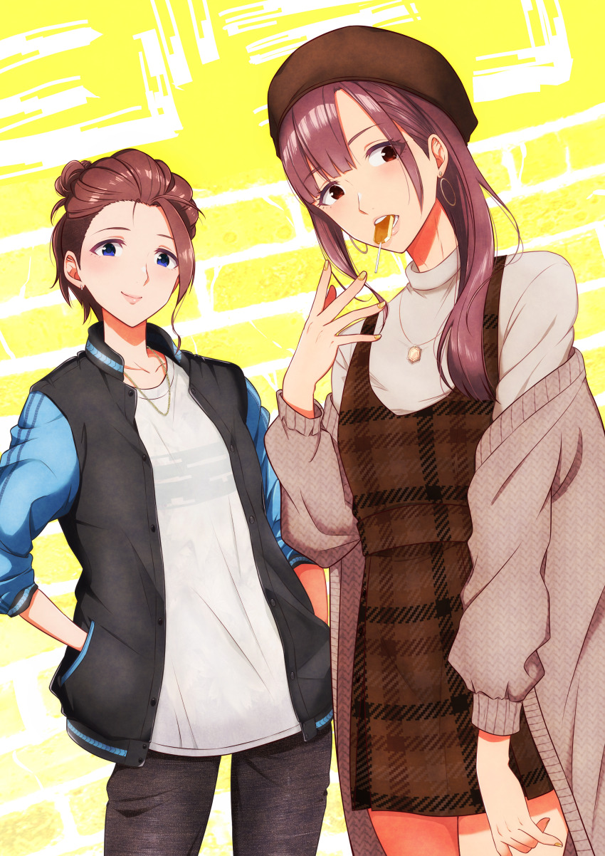 2girls absurdres black_jacket black_pants blue_eyes brown_hair brown_headwear crossdressing earrings hand_in_pocket hat highres hoop_earrings jacket jewelry looking_at_viewer mouth_hold multiple_girls necklace nusisippi original pants plaid shirt smile standing teeth_hold tomboy white_shirt yellow_background yellow_nails