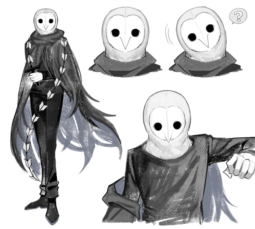1boy ? animal_head arm_up asdf1211950 black_cloak black_footwear black_pants black_shirt black_souls black_souls_2 cloak full_body hand_up highres long_sleeves lorde_(black_souls) multiple_views owl_boy pants shirt shoes simple_background speech_bubble weapon whip_sword white_background