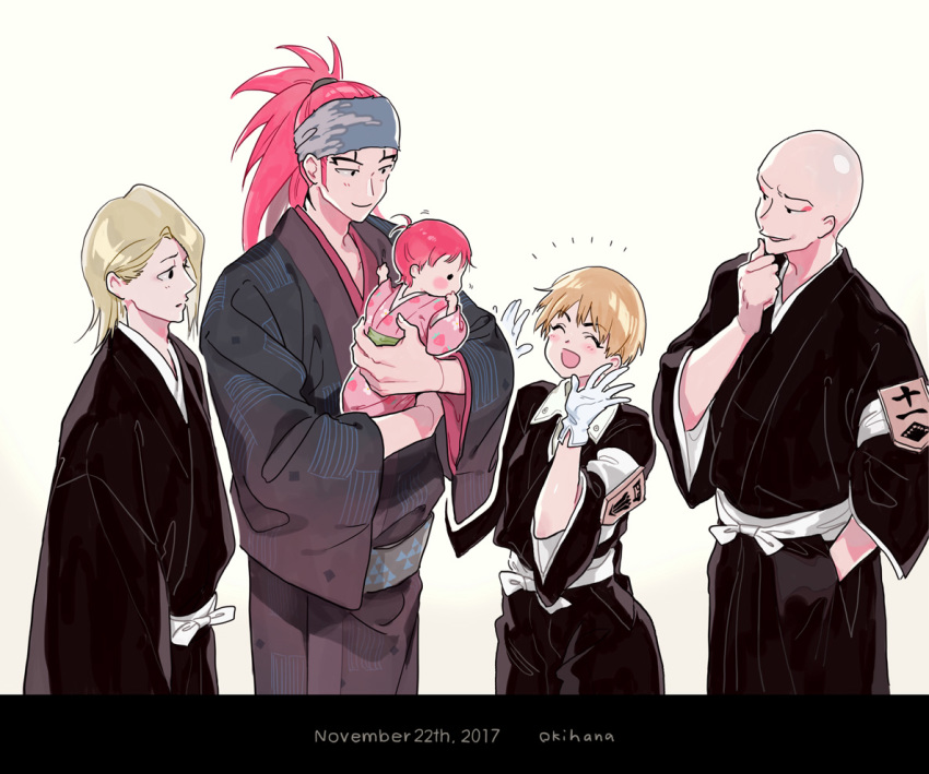 abarai_ichika abarai_renji baby bald bleach blonde_hair blush carrying child_carry closed_eyes father_and_daughter floral_print gloves headband high_ponytail japanese_clothes kimono kira_izuru kotetsu_kiyone long_hair long_sleeves looking_at_another madarame_ikkaku okihana open_mouth pink_kimono ponytail red_hair shinigami short_hair smile white_gloves wide_sleeves