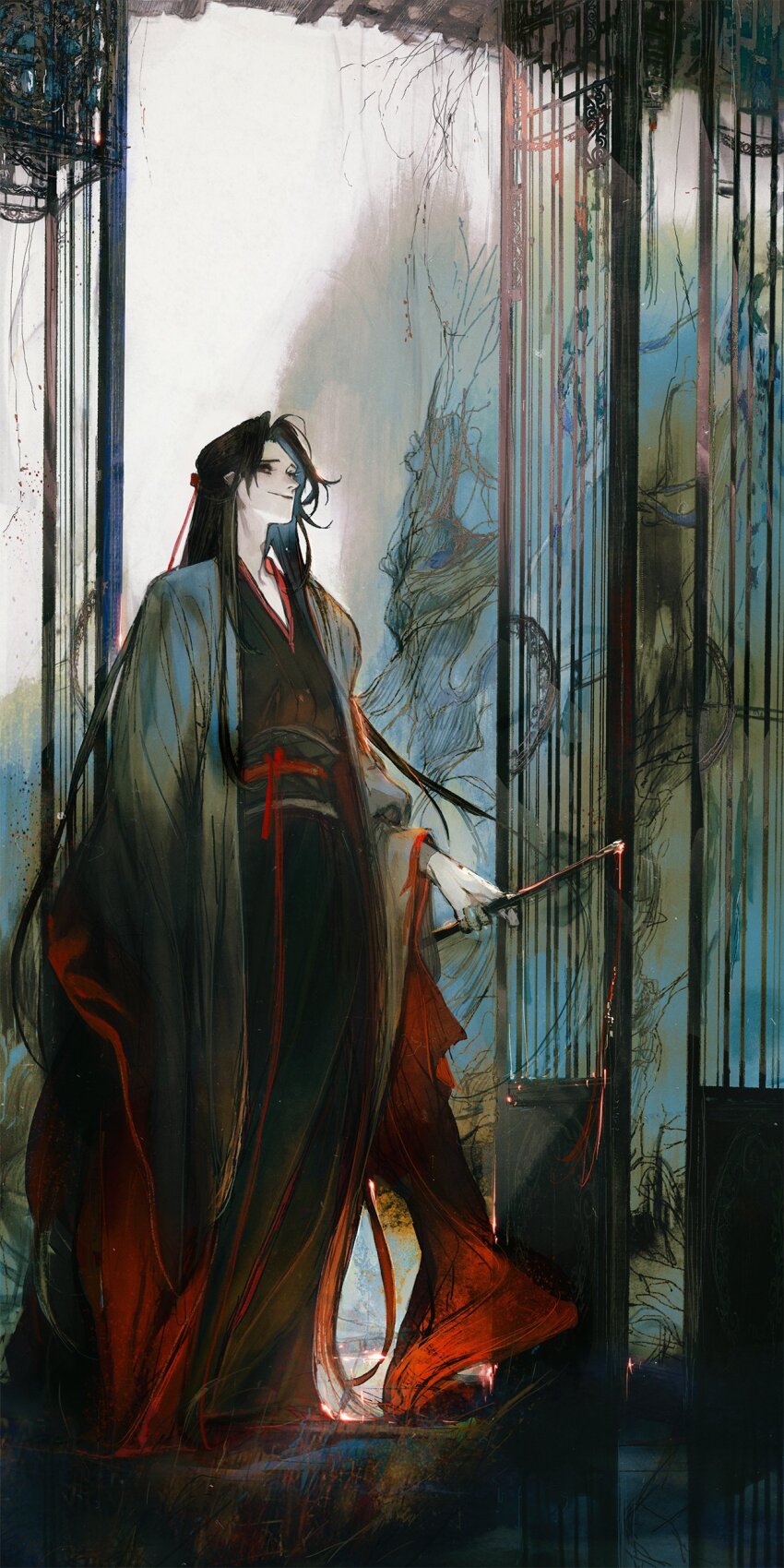 1boy absurdres black_hair black_hanfu black_robe chinese_clothes closed_mouth coat didbub1 flute full_body grey_coat hair_down hair_ribbon half_updo hanfu highres holding holding_flute holding_instrument indoors instrument korean_commentary long_hair long_sleeves looking_at_viewer male_focus modao_zushi official_alternate_costume official_alternate_hairstyle red_eyes red_ribbon ribbon robe sash smile solo standing tassel very_long_hair wei_wuxian wei_wuxian_(yiling_laozu) wide_sleeves