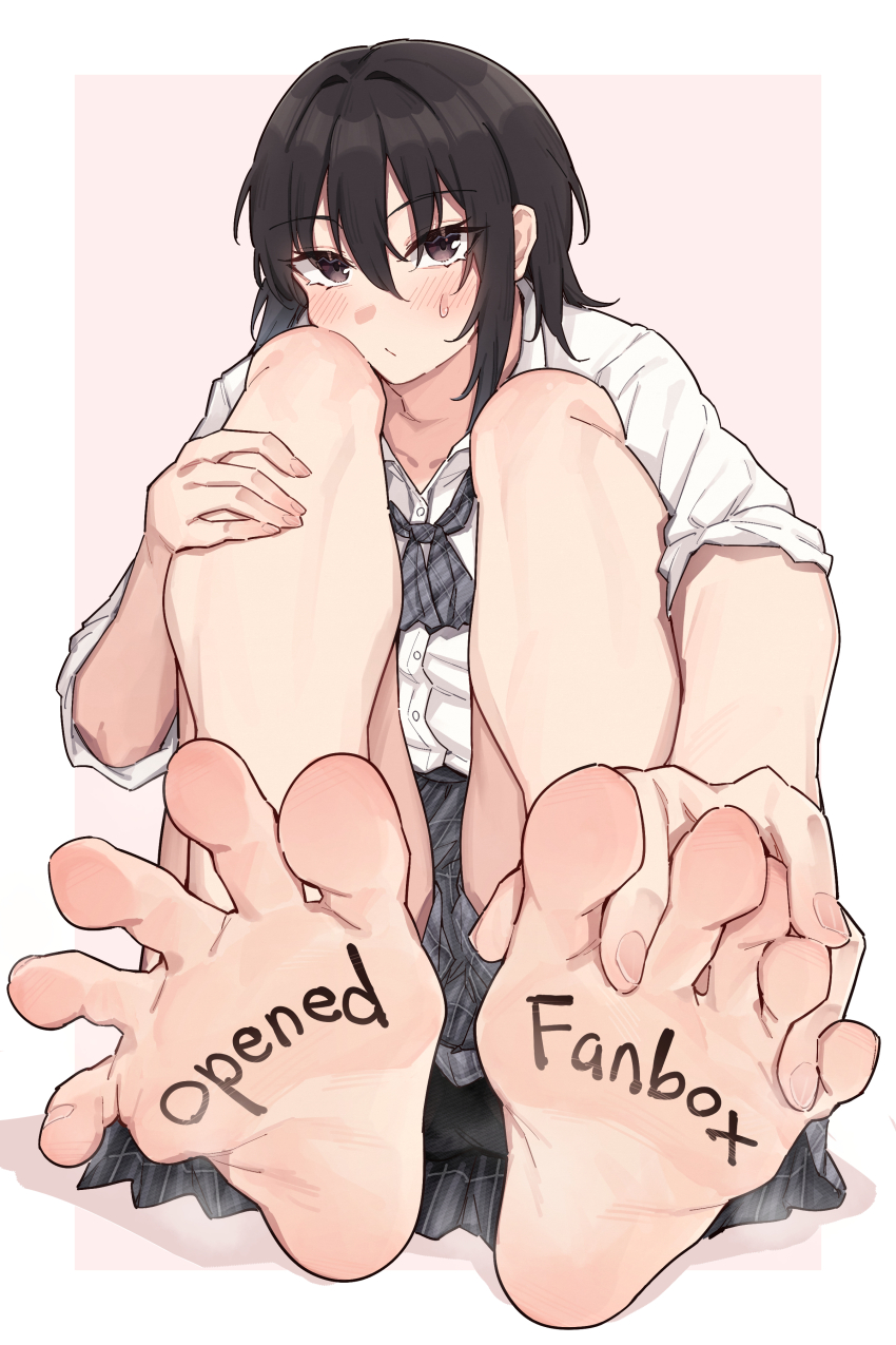 1girl absurdres bare_legs barefoot batatata77 between_toes black_hair blush body_writing border brown_eyes closed_mouth collarbone collared_shirt commentary eyelashes feet fingers_between_toes foot_focus foreshortening grey_neckerchief grey_skirt hair_between_eyes hair_intakes hand_on_own_leg highres knees_up miniskirt mixed-language_commentary neckerchief original pink_background plaid_clothes plaid_neckerchief plaid_skirt pleated_skirt school_uniform shadow shirt sidelocks sith skirt sleeves_rolled_up soles solo spread_toes sweatdrop toenails toes white_border white_shirt