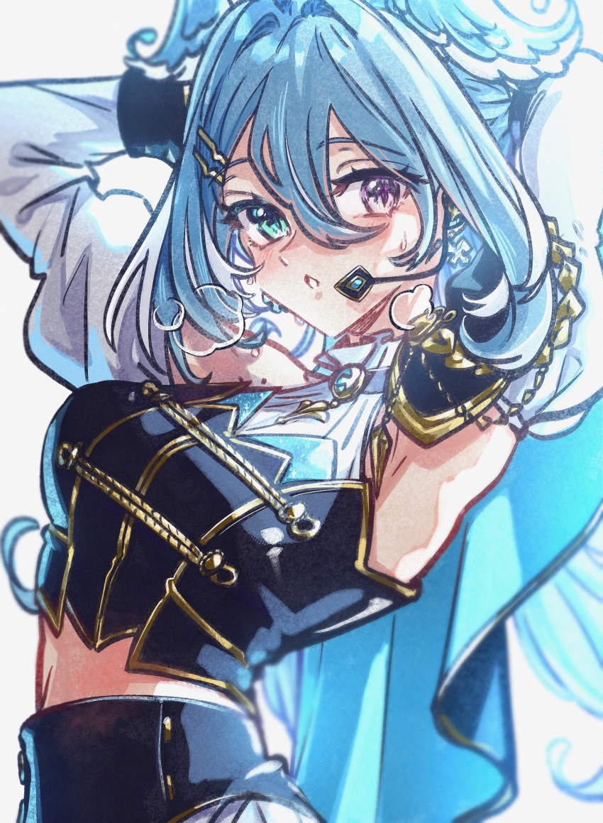 1girl absurdres aqua_eyes armpits arms_up breasts capelet elira_pendora hair_between_eyes hair_intakes head_wings heavy_breathing heterochromia highres lins_(linszhz) looking_at_viewer medium_breasts midriff mole mole_on_armpit nijisanji nijisanji_en nijisanji_idol_uniform purple_eyes solo sweat virtual_youtuber wings