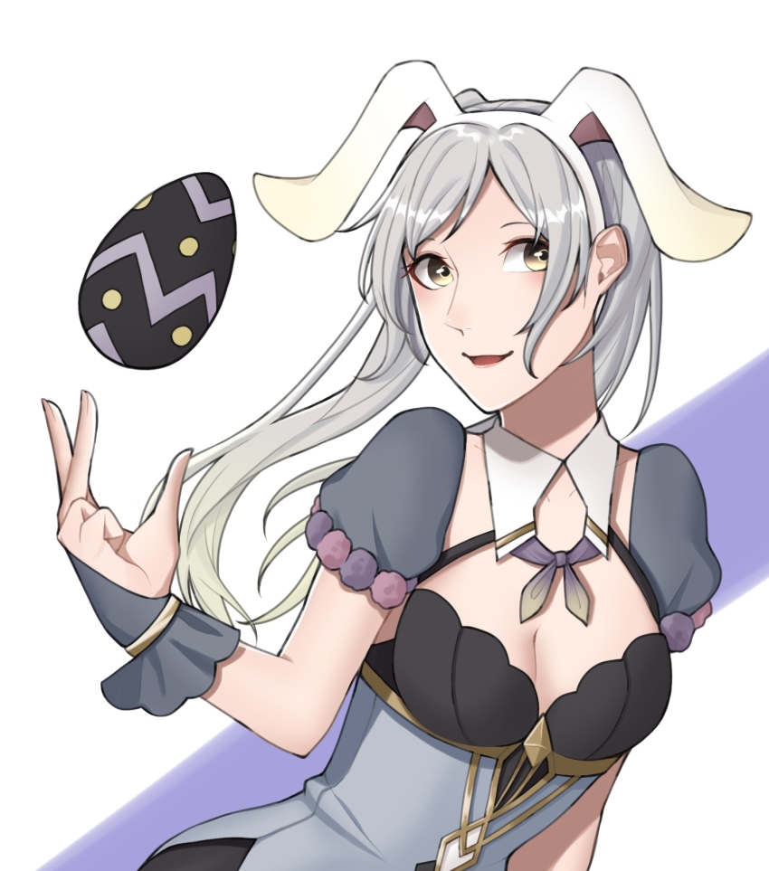 1girl alternate_costume animal_ears ao_saryaruhu arm_at_side bare_arms breasts brown_eyes cleavage clenched_hand collarbone easter_egg egg fake_animal_ears female_focus fingerless_gloves fingernails fire_emblem fire_emblem_awakening fire_emblem_heroes floating_hair gloves hair_through_headwear hand_up happy leaning_to_the_side looking_at_viewer lucina_(fire_emblem)_(cosplay) medium_breasts neck neck_ribbon open_mouth puffy_short_sleeves puffy_sleeves rabbit_ears ribbon female_robin_(fire_emblem) robin_(fire_emblem) short_sleeves smile standing swept_bangs twintails upper_body white_hair