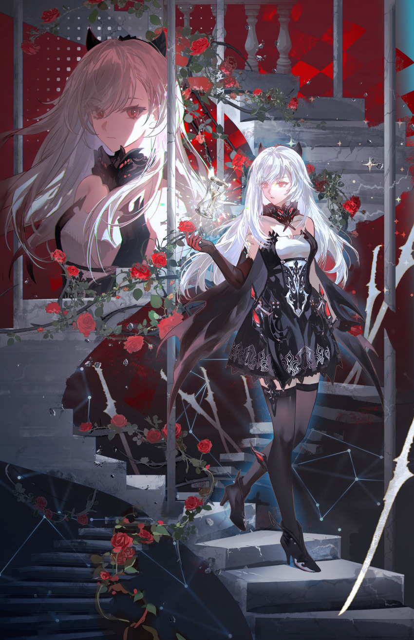 1girl absurdres asymmetrical_gloves berenica_(duet_night_abyss) black_dress black_gloves black_horns black_shoes black_thighhighs breasts chinese_commentary commentary_request dress duet_night_abyss elbow_gloves flower gloves hand_up high_heels highres horns keru233 long_hair medium_breasts multiple_views red_flower red_rose rose shoes single_elbow_glove small_horns stairs thighhighs thighs uneven_gloves white_hair