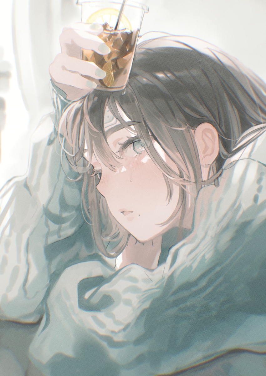 1girl blush brown_hair cold_pack cup eyelashes fingernails grey_eyes highres holding holding_cup ice lips liquid-in-glass_thermometer long_sleeves looking_at_viewer medium_hair mole mole_under_mouth nail_polish original parted_lips sick solo sweat takaya_riku thermometer upper_body