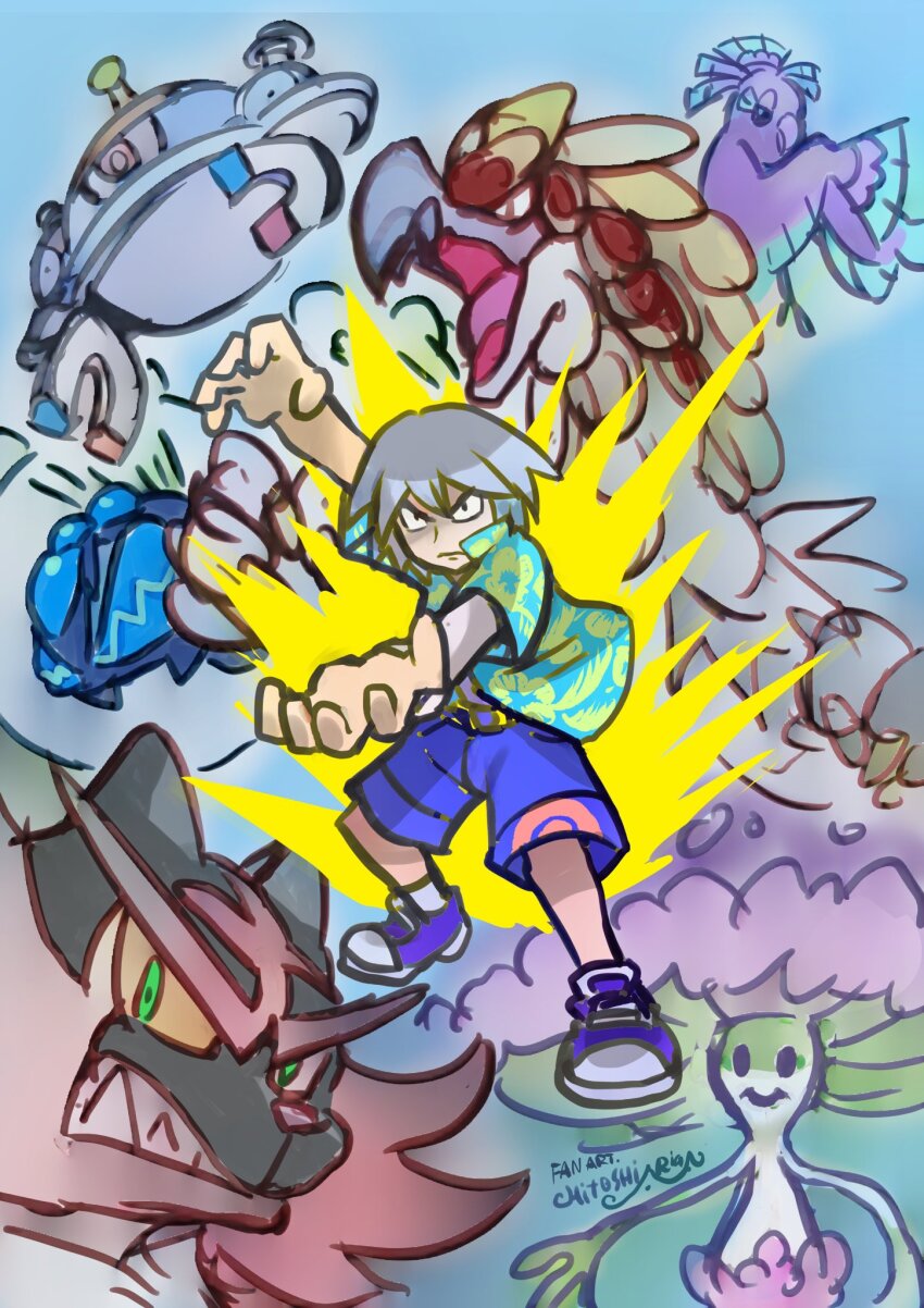 1boy araquanid ariga_hitoshi black_eyes closed_mouth commentary_request frown gen_4_pokemon gen_7_pokemon green_shirt grey_hair highres incineroar kommo-o legs_apart magnezone male_focus nintendo oricorio oricorio_(sensu) paul_(pokemon) pokemon pokemon_(anime) pokemon_(creature) pokemon_dppt_(anime) purple_footwear purple_shorts shiinotic shirt shoes short_hair short_sleeves shorts signature sketch squatting z-move_trainer_pose
