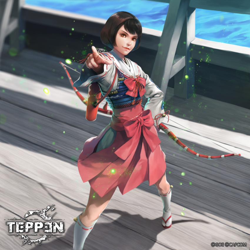 1girl bow_(weapon) brown_eyes brown_hair copyright_name foot_out_of_frame hakama hakama_short_skirt hakama_skirt highres holding holding_bow_(weapon) holding_weapon japanese_clothes logo looking_at_viewer miko official_art outdoors pointing pointing_at_viewer sandals sengoku_basara ship shiyuu_(shiyu) short_hair skirt smile socks solo tabi teppen tsuruhime_(sengoku_basara) v-shaped_eyebrows water watercraft weapon white_socks