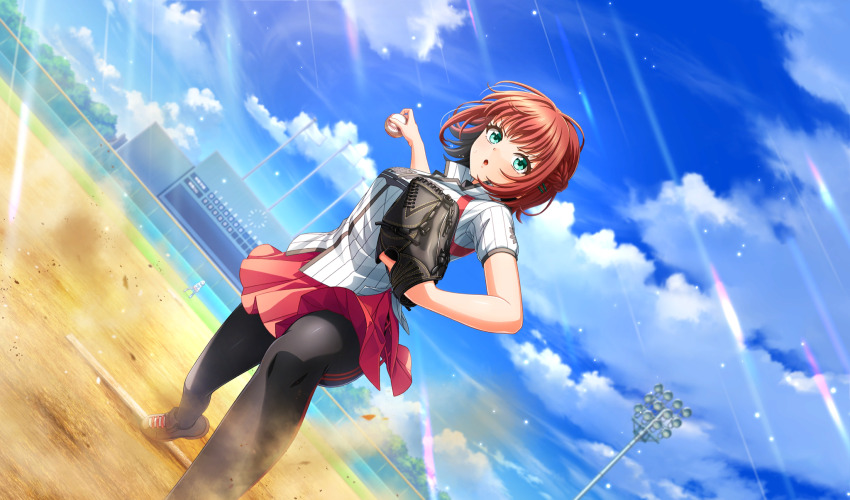2girls ball baseball baseball_(object) baseball_glove baseball_stadium baseball_uniform black_pantyhose blurry braid cinderella_series cloud depth_of_field dust_cloud dutch_angle film_grain flag foot_out_of_frame game_cg green_eyes hachigatsu_no_cinderella_nine hair_ornament hairclip half_up_braid highres holding holding_ball light_particles light_rays miyai_miyako multicolored_shirt multiple_girls non-web_source official_art outdoors pantyhose parted_lips pitching pitching_mound playing_sports pleated_skirt red_hair red_skirt scoreboard shirt short_hair short_sleeves skirt sky solo_focus sportswear striped_clothes striped_shirt sunbeam sunlight sweat v-shaped_eyebrows vertical-striped_clothes vertical-striped_shirt white_footwear
