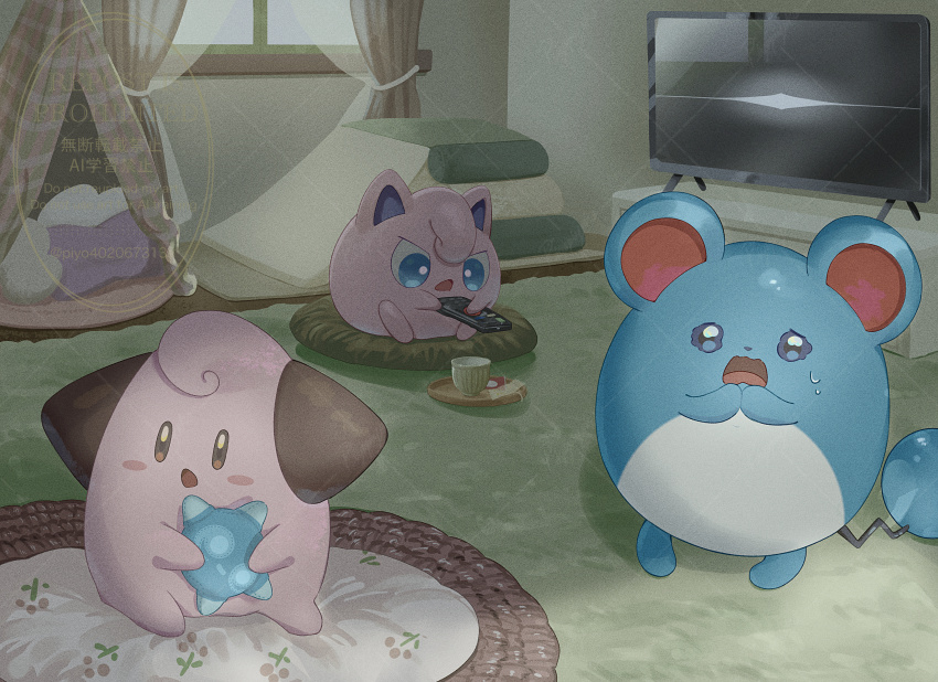 :o absurdres blue_eyes blush blush_stickers brown_eyes carpet cleffa commentary controller cup curtains gen_1_pokemon gen_2_pokemon gen_7_pokemon highres holding holding_remote_control holding_toy indoors jigglypuff marill minior minior_(blue_core) minior_(core) nintendo no_humans open_mouth pillow piyokonoenikki_04 pokemon pokemon_(creature) pokemon_focus remote_control scared sitting sweat symbol-only_commentary television toy watermark wavy_eyes window