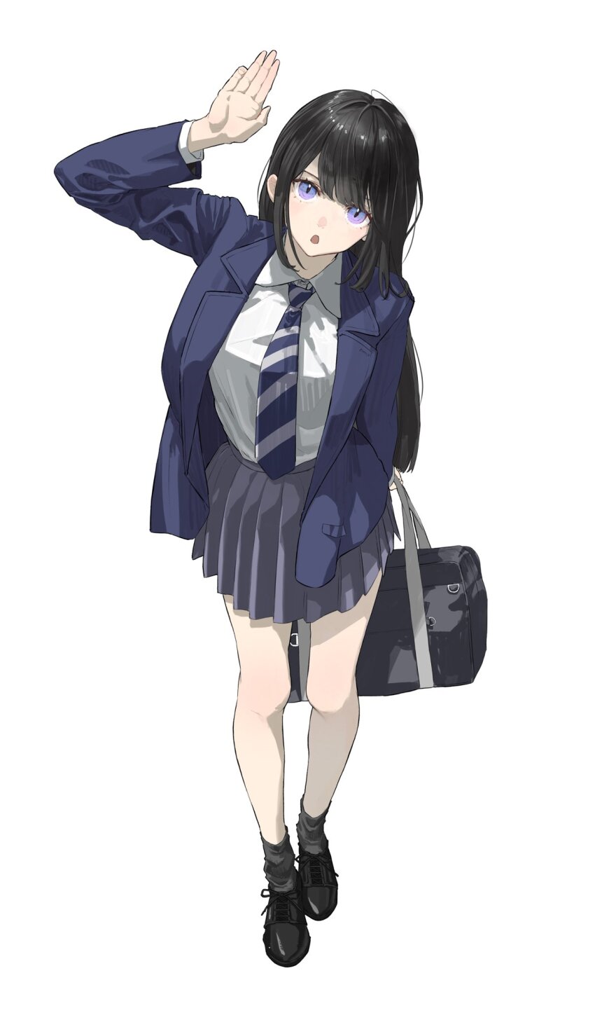 1girl arm_up bag black_bag black_footwear black_hair black_socks blue_jacket blue_necktie blue_skirt diagonal-striped_clothes diagonal-striped_necktie highres holding holding_bag jacket long_hair looking_at_viewer necktie open_clothes open_jacket open_mouth original pleated_skirt purple_eyes sawatani_(_swt2) school_uniform shirt shoulder_bag skirt socks solo striped_clothes white_shirt