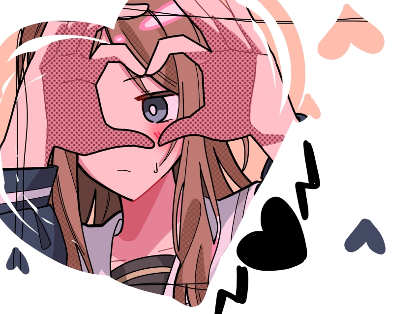 1girl bang_dream! bang_dream!_it&#039;s_mygo!!!!! blue_eyes blue_shirt blush closed_mouth collarbone commentary_request halftone heart heart_border heart_hands heart_hands_over_eye highres long_hair nagasaki_soyo nanami_(nunnun_0410) revealing_layer sailor_collar school_uniform shirt solo sweatdrop tsukinomori_school_uniform upper_body white_sailor_collar