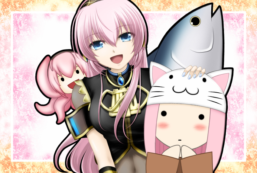 bad_id bad_pixiv_id blue_eyes headphones kuromayu long_hair megurine_luka open_mouth pink_hair smile takoluka toeto_(vocaloid) tuna vocaloid