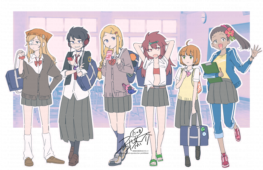 6+girls :d absurdres alchemist_(sekaiju) alchemist_2_(sekaiju) arms_behind_head bag bard_(sekaiju) bard_5_(sekaiju) belt black_hair black_pantyhose blonde_hair bow bowtie bra brown_eyes brown_hair cardigan cellphone classroom contemporary dark-skinned_female dark_skin etrian_odyssey eyepatch flower full_body hair_flower hair_ornament hairclip hat highres juice_box long_skirt loose_socks medic_(sekaiju) medic_2_(sekaiju) medical_eyepatch medium_skirt miniskirt multiple_girls necktie nikki_kyousuke open_clothes open_mouth open_shirt orange_bra orange_hair paladin_(sekaiju) paladin_2_(sekaiju) pants pants_under_skirt pantyhose partially_unbuttoned phone pink_bow pink_bowtie pleated_skirt ponytail ranger_(sekaiju) ranger_4_(sekaiju) red_bow red_bowtie red_hair red_necktie red_shoes school sekaiju_no_meikyuu sekaiju_no_meikyuu_1 sekaiju_no_meikyuu_hd shirt shoes skirt smartphone smile socks swordsman_(sekaiju) swordsman_2_(sekaiju) track_suit underwear vest white_shirt yellow_shirt