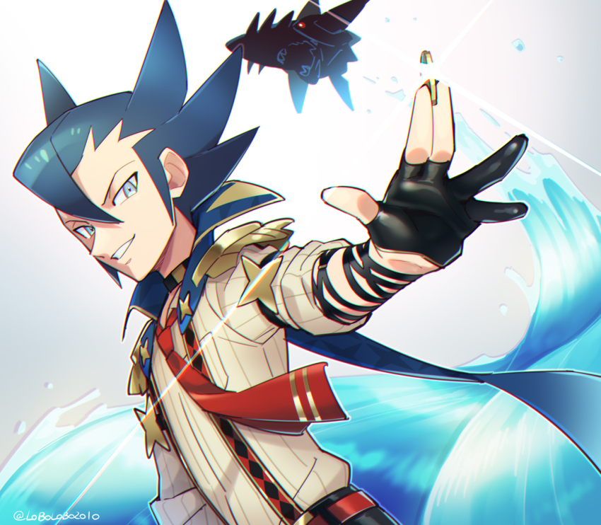 1boy black_gloves blue_cape blue_hair cape coin commentary_request epaulettes gen_3_pokemon glint gloves grey_eyes grimsley_(pokemon) grimsley_(sygna_suit)_(pokemon) hair_between_eyes highres holding holding_coin looking_at_viewer male_focus mega_pokemon mega_sharpedo momoji_(lobolobo2010) necktie nintendo official_alternate_costume parted_lips partially_fingerless_gloves pokemon pokemon_(creature) pokemon_masters_ex red_neckwear sharpedo shirt sleeves_rolled_up smile spiked_hair suspenders water water_drop