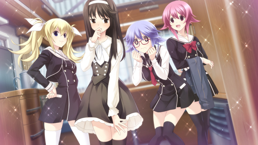 1boy 3girls :d arimura_hinae black_dress black_hair black_thighhighs blonde_hair blue_eyes blue_hair blush bow bowtie chaos;child chaos;child_love_chu_chu!! collarbone crossdressing dress game_cg glasses hair_between_eyes hair_ribbon hairband hands_on_own_hips headphones headphones_around_neck hekiho_academy hekiho_academy_school_uniform highres holding indoors kazuki_hana long_hair multiple_girls neckerchief necktie non-web_source official_art onoe_serika open_mouth pink_hair red_bow red_bowtie red_eyes red_necktie ribbon sasaki_mutsumi school_uniform short_dress short_necktie sidelocks smile sparkle sparkling_eyes standing tachibana_yuuto thighhighs twintails white_bow white_hairband white_neckerchief white_ribbon white_thighhighs zettai_ryouiki